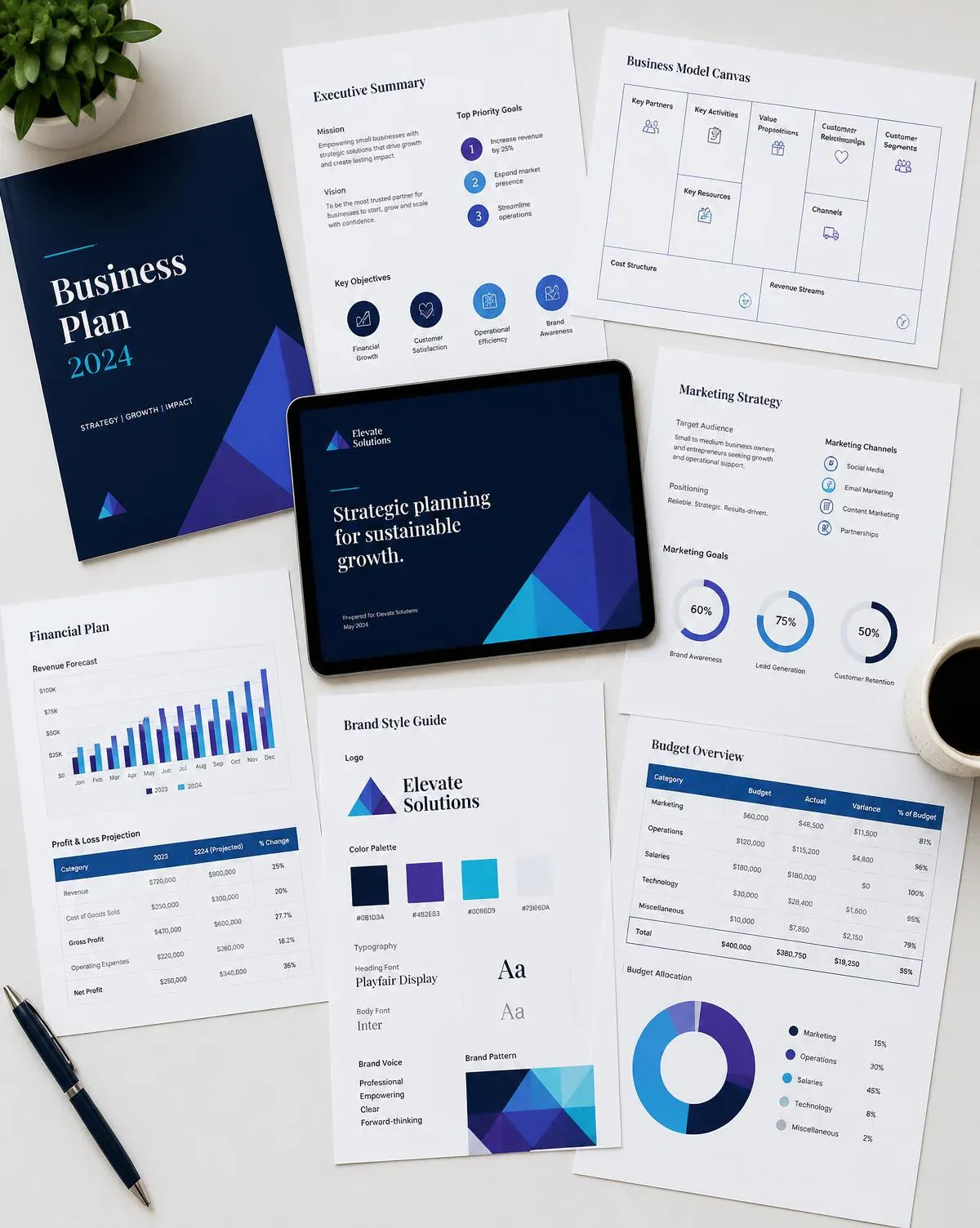 Business plan, marketing strategy, and budget templates laid out on a desk